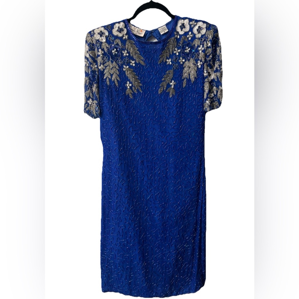 Vintage 80’s Laurence Kazar Silk Sequins Beaded Blue Cocktail Dress Sz Medium